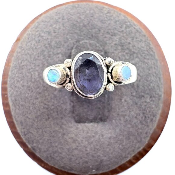 VTG Sterling Silver 925 Amethyst & Opal Bezel Set Ring Size 7 - Picture 1 of 7